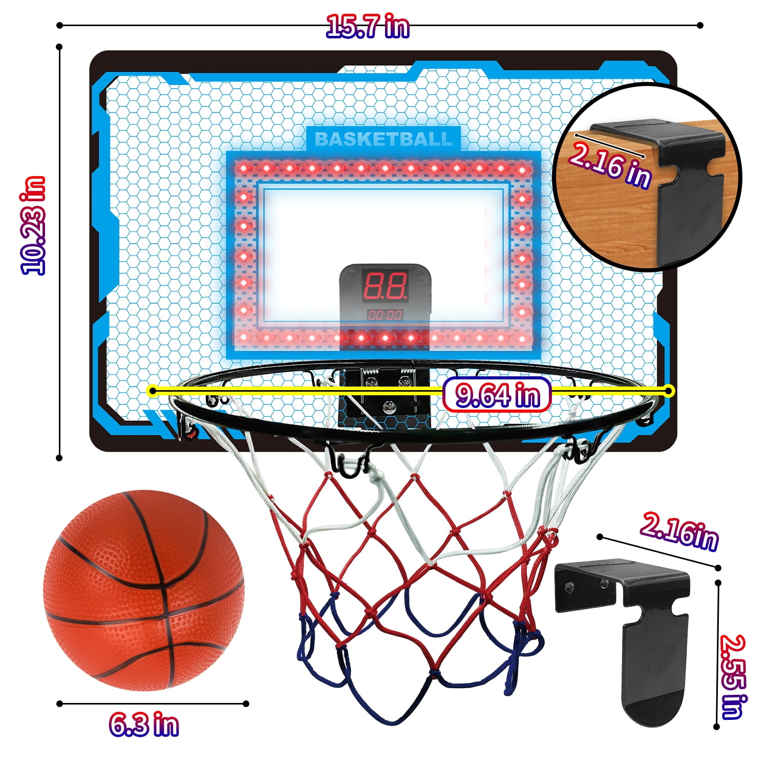 Topfox Basketball Hoop Indoor - 17.3''11.8'' Mini Basketball Hoop Outdoor With LED Light/Scoreboard, Door Basketball Net Basketball Toys Gifts For Boys Girls