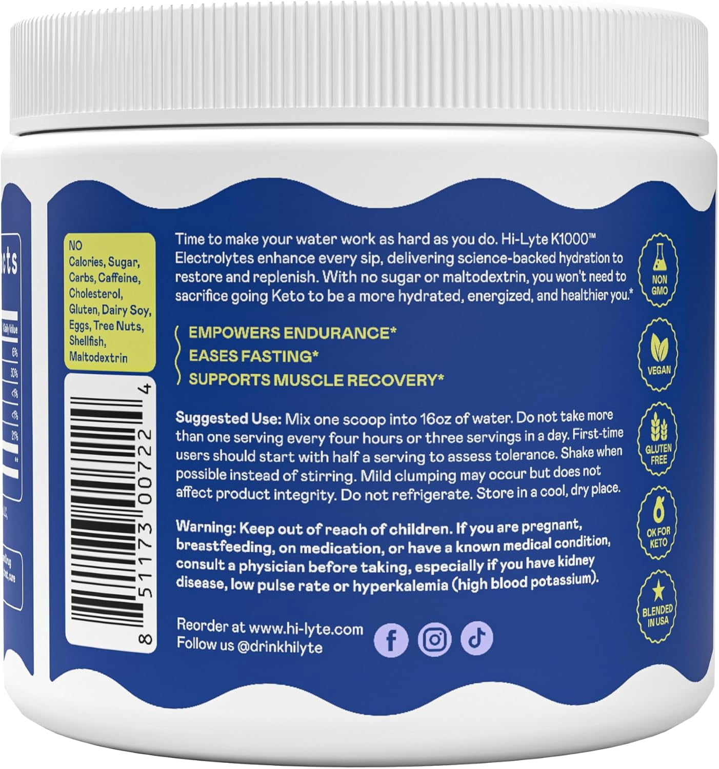 Hi-Lyte Keto K1000 Electrolyte Powder | Unflavored | Hydration Supplement Drink Mix | Boost Energy & Beat Leg Cramps | No Maltodextrin or Sugar | 50 Servings