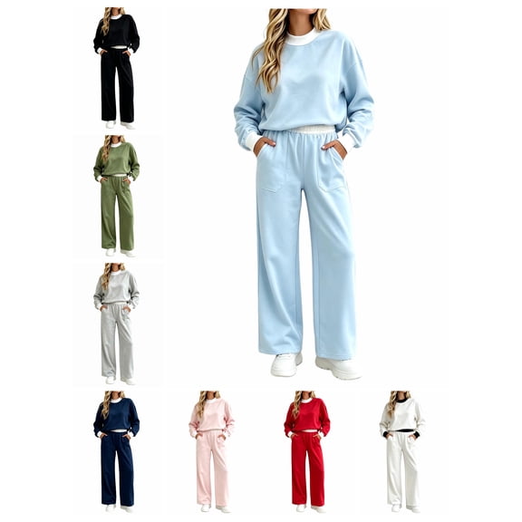 Atkumj Sweatsuits Women 2 Piece Outfit Casual Crew Neck Long Sleeve Tops and Elastic Waist Straight Leg Sweatpants Athleisure Sets Versatile Color Block Loose Two Piece Sets for Women Going Out S