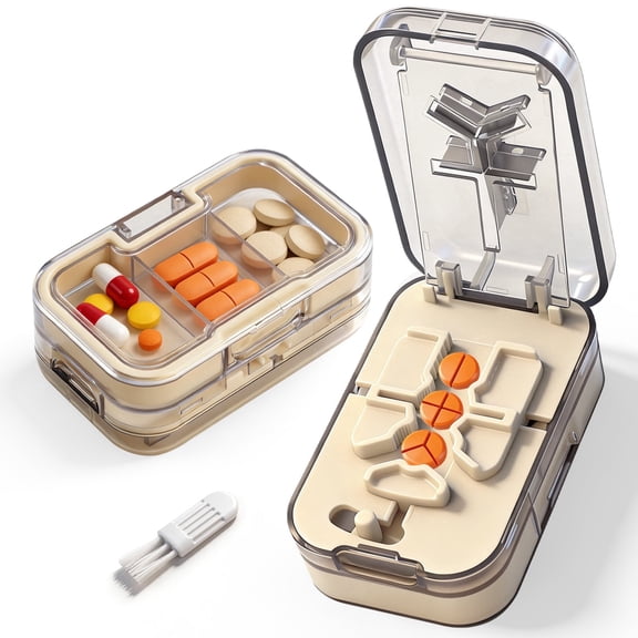 START MAKERS Pill Cutter Box, Portable 2-Layer Double Blade Pill Splitter, Travel Medicine Organizer with Sealed Storage, 1/2 1/3 1/4 Cuts,Beige, 1 Count