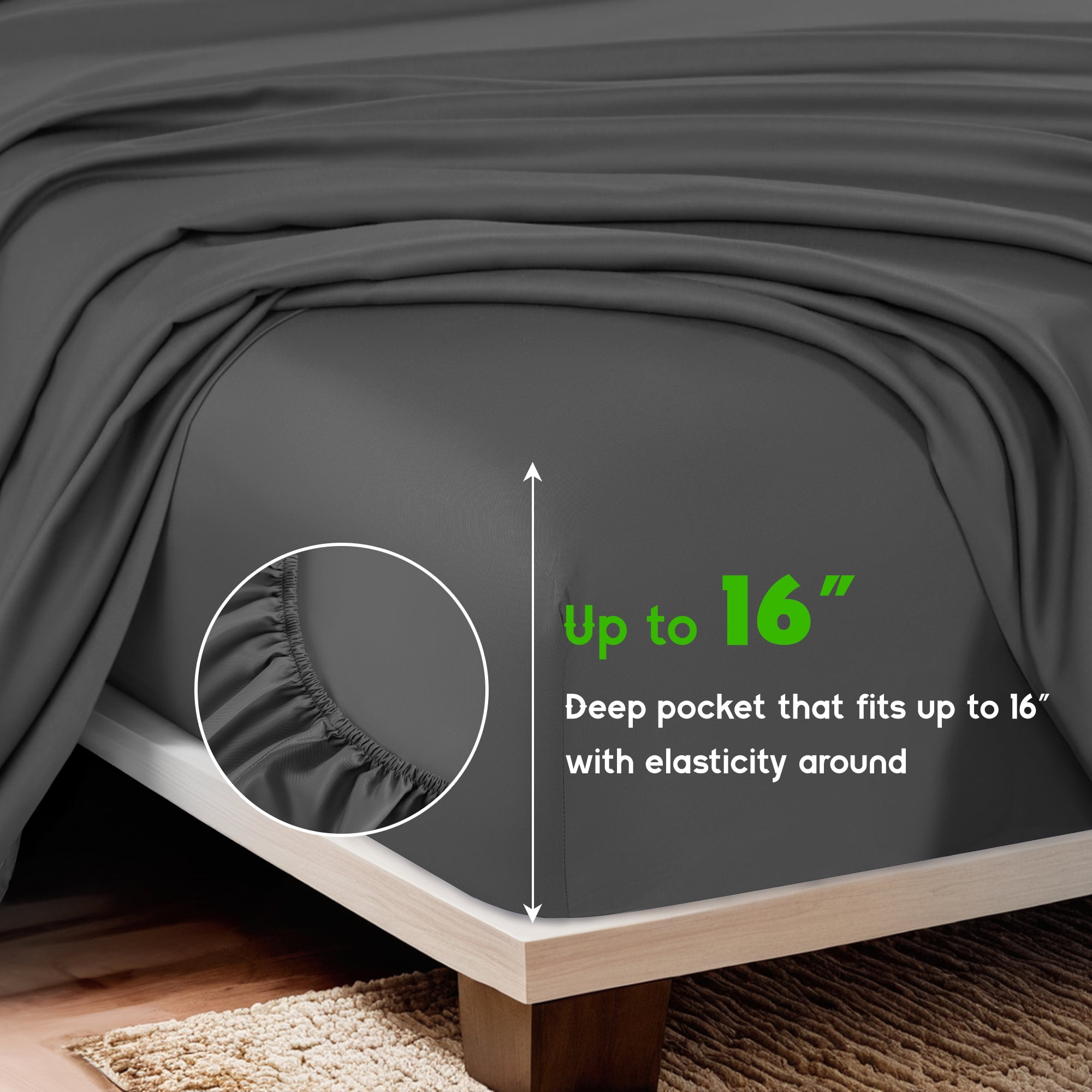 Sonoro Kate Luxury Cooling Bamboo Bed Sheet Set - Deep Pockets - 4 Piece, Queen, Dark Gray