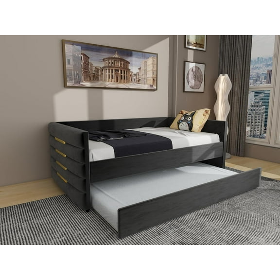 Tabaray Twin Daybed with Trundle - Upholstered Black Velvet Sofa Bed Frame, Gold Metal, Space-Saving Guest Bed for Apartments & Living Rooms