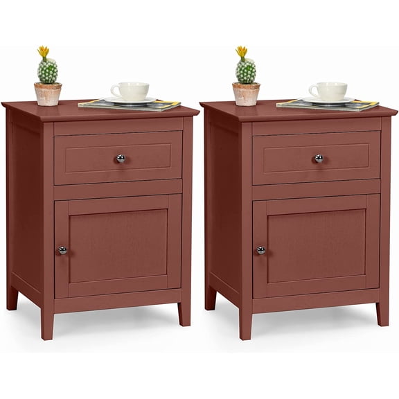 Nightstand Set of 2, Wooden Bedside Tables with Drawer and Storage Cabinet, 4 Solid Wood Legs, End Side Table for Living Room, Bedroom, Farmhouse Night Stand, 15" D x 19" W x 25" H, Cherry