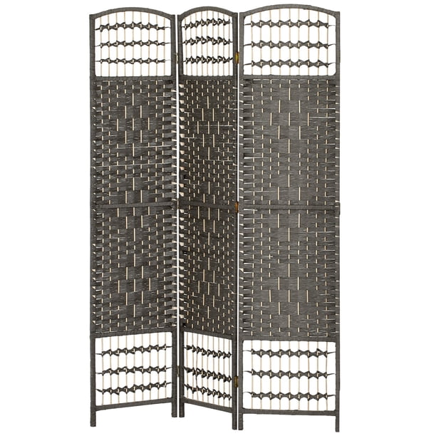 JWRWEFA 3 Panel Folding Room Divider Privacy Screen, Hand-Woven Wave Fiber Room Separator with Wood Frame, Freestanding Temporary Wall for Living Room Bedroom, Dark Gray