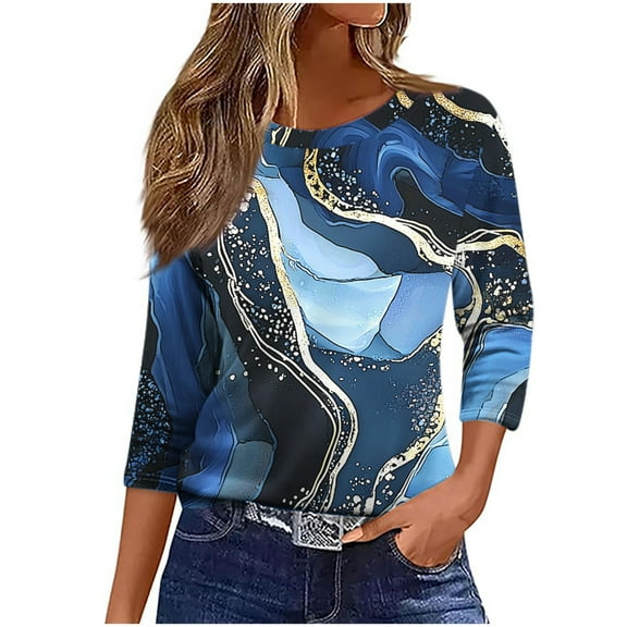 Women's Graphic Tee Shirt 3/4 Length Sleeve Plus Size Printed Summer Fall Tops Casual Crew Neck Tshirts (M, Navy 04)