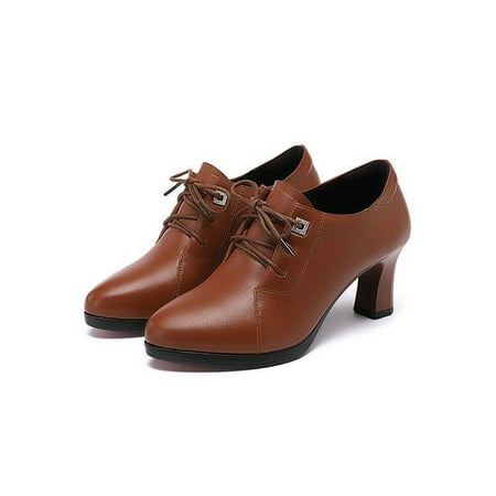 

Woobling Ladies Simple High Heels Pumps Waterproof Platform Walking Comfort Low Top Casual Pump Plush Lined Brown 7.5