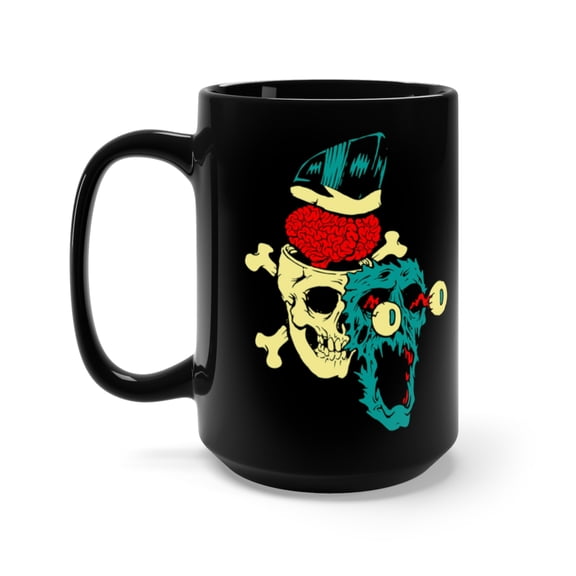 Pyschobilly Skull Explosion Pompadour Brains Crossbones Coffee Mug, 15oz, Black