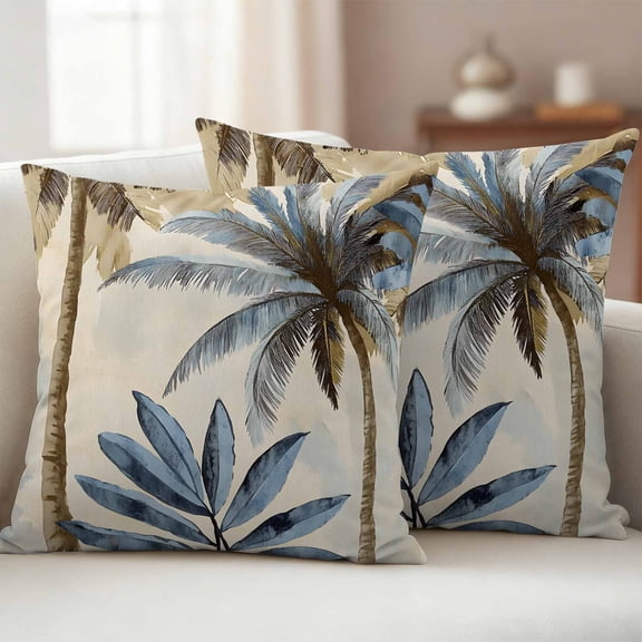 Pack of 2 Outdoor Pillow Covers,Waterproof Palm Trees Throw Pillow Covers,Blue Brown Vintage Watercolor Tropical Decorative Pillowcases Cushion Covers for Couch Pillow Sham Protector 18x18 Inch