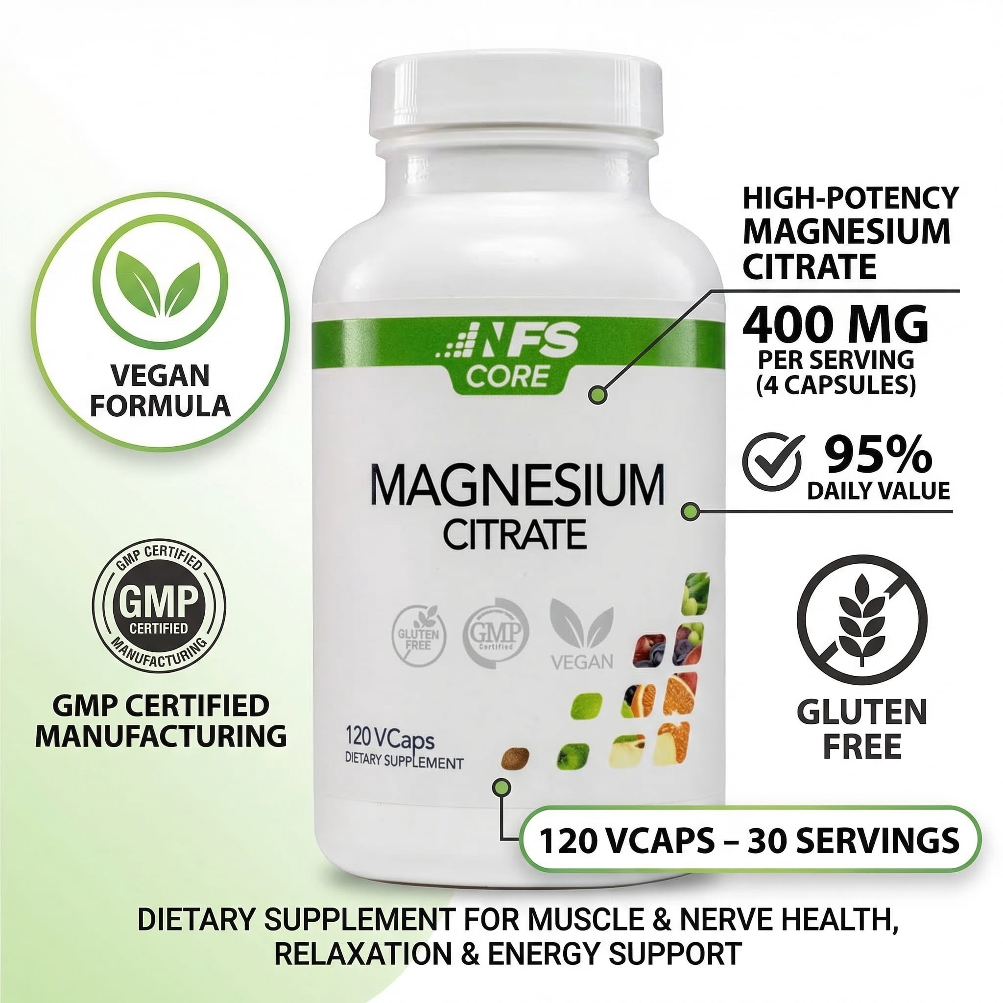NF Sports Core Magnesium Citrate High Absorption 400 mg per Serving Vegetarian Capsules, 120 Count