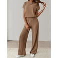 thumbnail image 2 of Women'S Casual Summer Travel Vacation Wear Two-Piece Suit Short Sleeve Wide Leg Pants Casual Suit Coffee S, 2 of 5