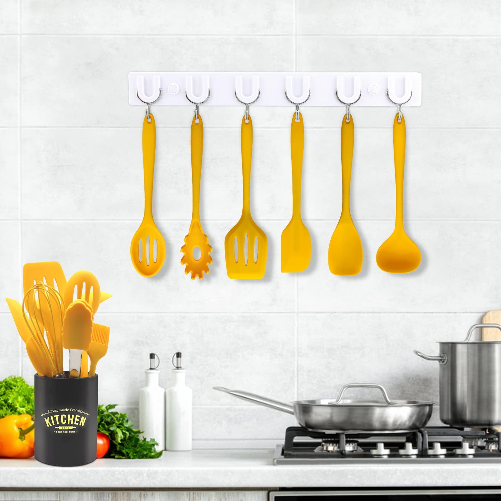 11-Piece Silicone Cooking Utensil Set, Non-Stick Kitchen Gadgets with Spatulas, Includes Iron Utensil Holder, Non-Scratch Heat-Resistant Kitchen Tools (Yellow)