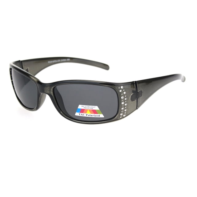Womens Rhinestone Anti-glare Polarized Chic Narrow Rectangular Sunglasses Grey Black