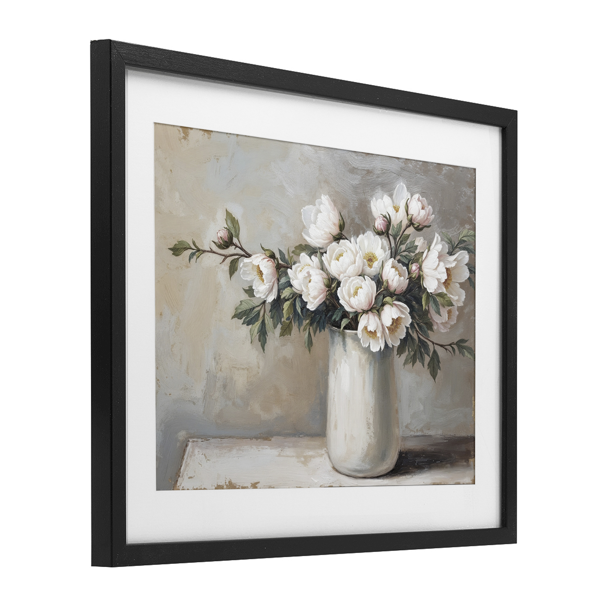 White Flowers in Vase Still Life Black Framed Print Under Glass, design by Lettered and Lined