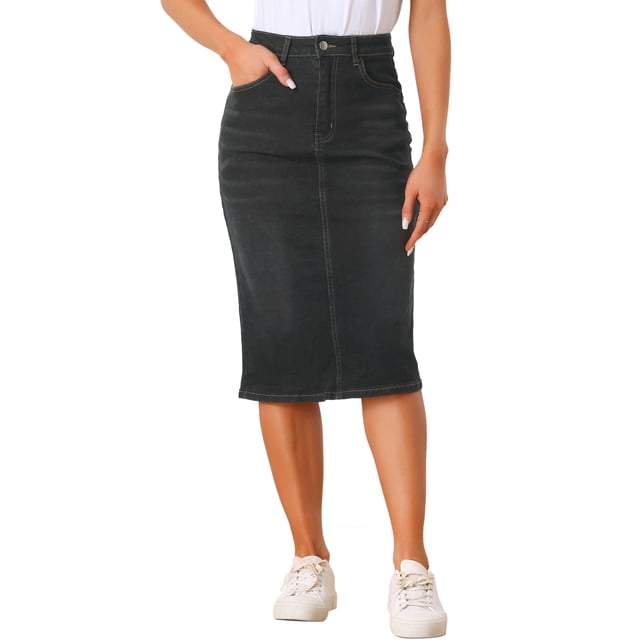Faldas de mezclilla para mujer Inspire Chic, de cintura alta, con cremallera y abertura trasera, faldas midi de mezclilla con bolsillos, negras, talla XS