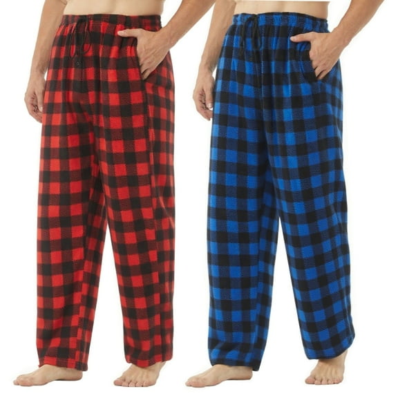 LANBAOSI 2 Pack Big & Tall Men's Fleece Plaid Pajama Pants Comfortable Breathable Drawstring Pajama Bottoms with Pockets, Size 2XL