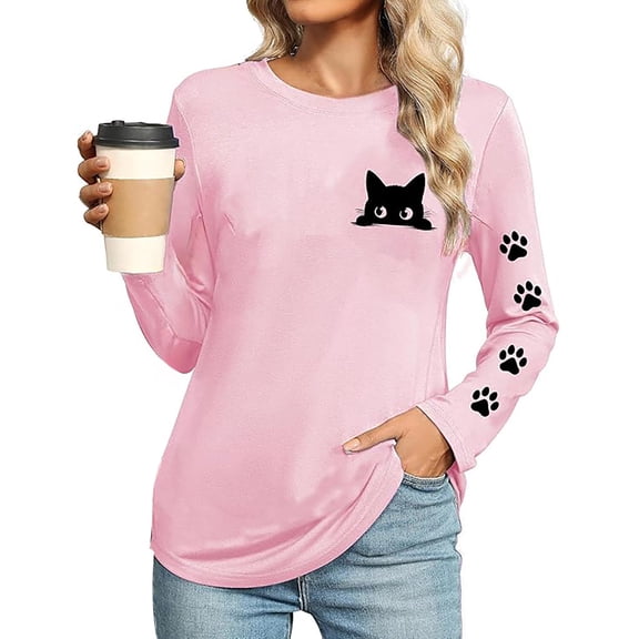 Wang6 Women Long Sleeve Graphic T Shirts Trendy Loose Fit Cat Printed Tops Fall Crew Neck Going out Basic Tees 0702LiPink XL
