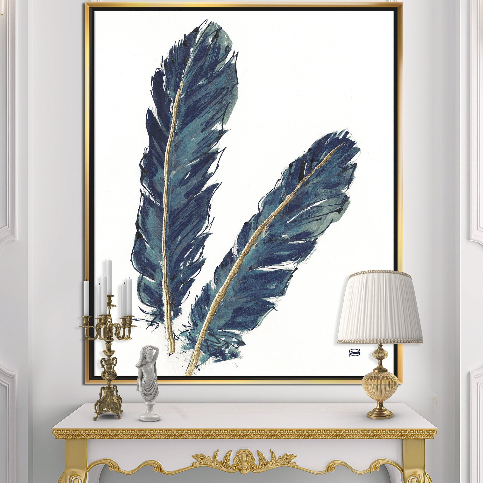Designart ' Gold Indigo Feathers IV ' Modern Bohemian Framed Canvas