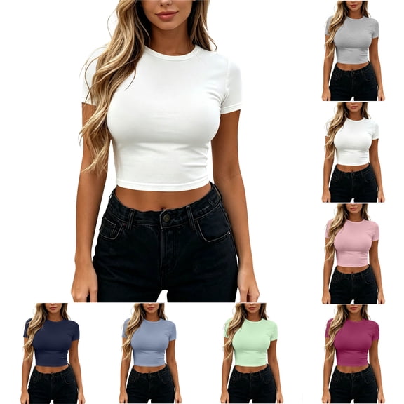 Women's Tops Womens Summer Tops Casual Short Sleeve Fashion Women's Casual Solid Color Midriff-Baring Short Sleeve Round-Neck Tops White M