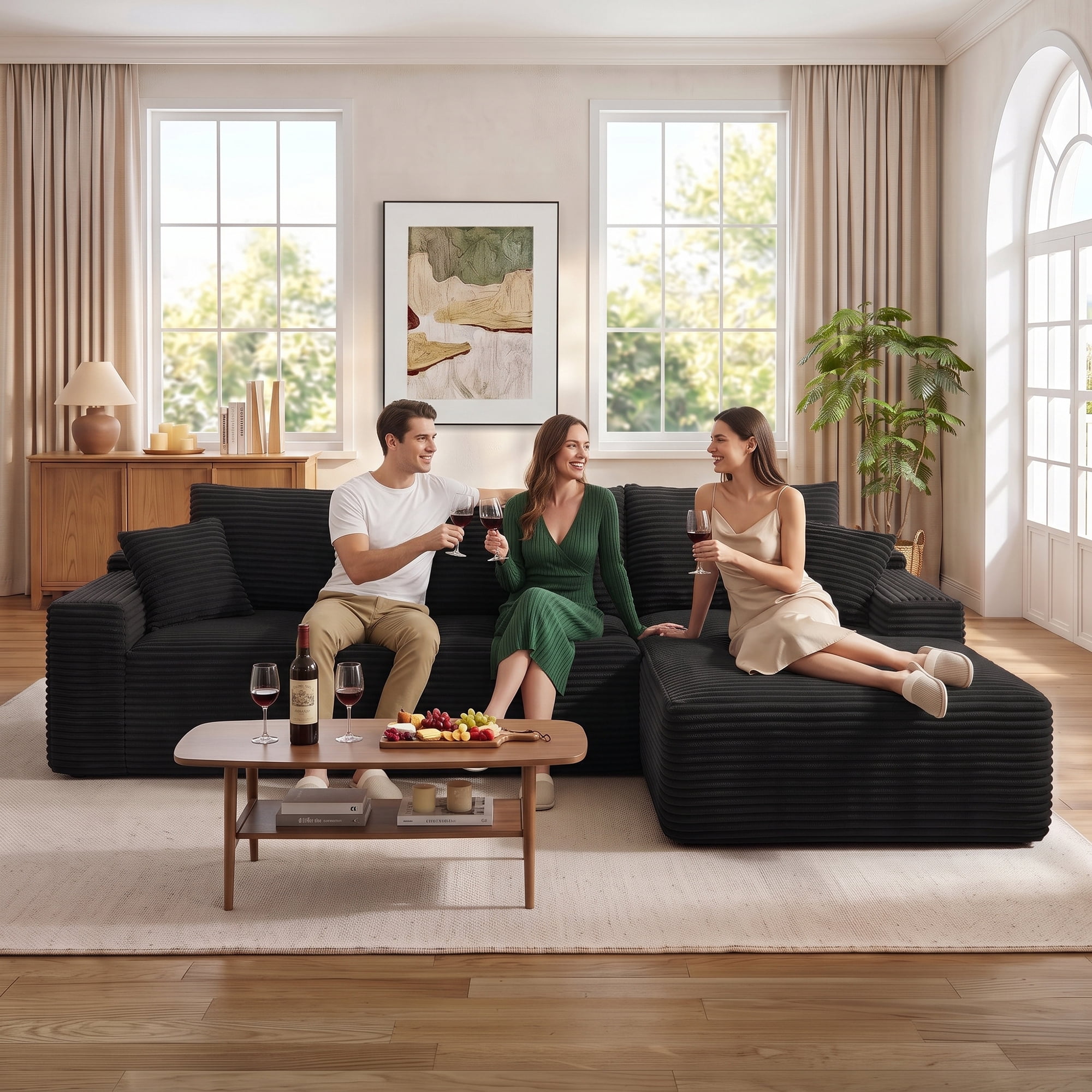 Aukfa 107" Boneless Modular Sectional Sofa, L-Shaped Corduroy Couch with Deep Seat and Right-Facing Chaise for Living Room, Black