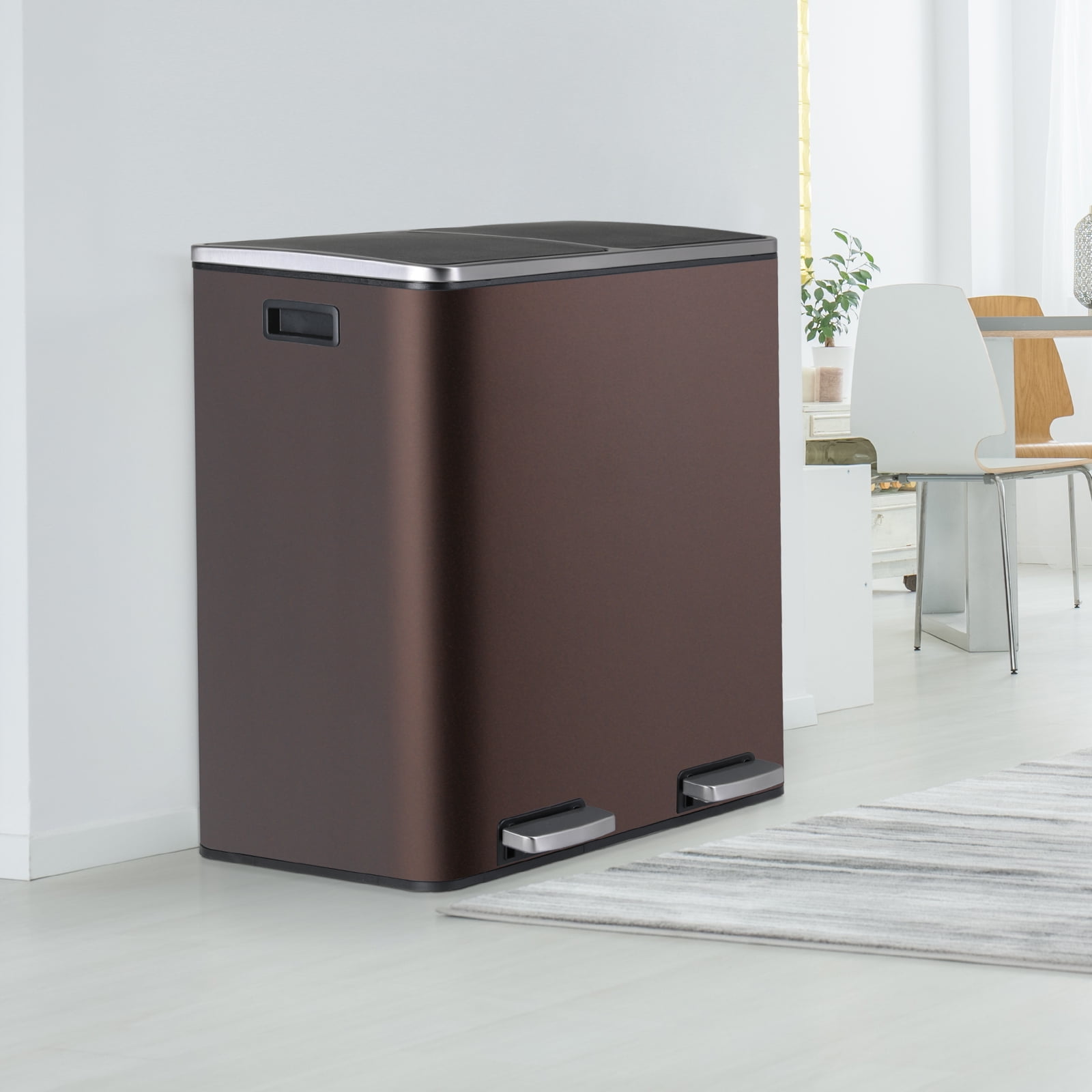LAZY BUDDY Dual Compartment Recycling Trash Can with Soft-Close Lid and Removable Liner Buckets, 60 Liter / 16 Gallon, Rectangular
