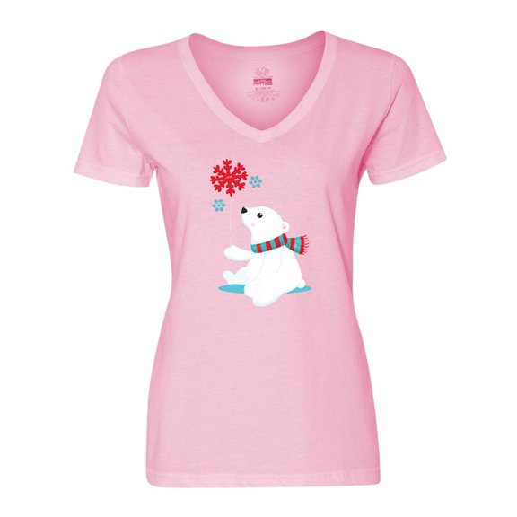 Inktastic Polar Bear With A Scarf, White Bear, Snowflakes Women's V-Neck T-Shirt