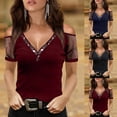 thumbnail image 4 of Summer Tops for Women 2024 Trendy Strapless Mesh Short Sleeve T Shirts Hot Drilling V Neck Blouse Casual Tunic, 4 of 5