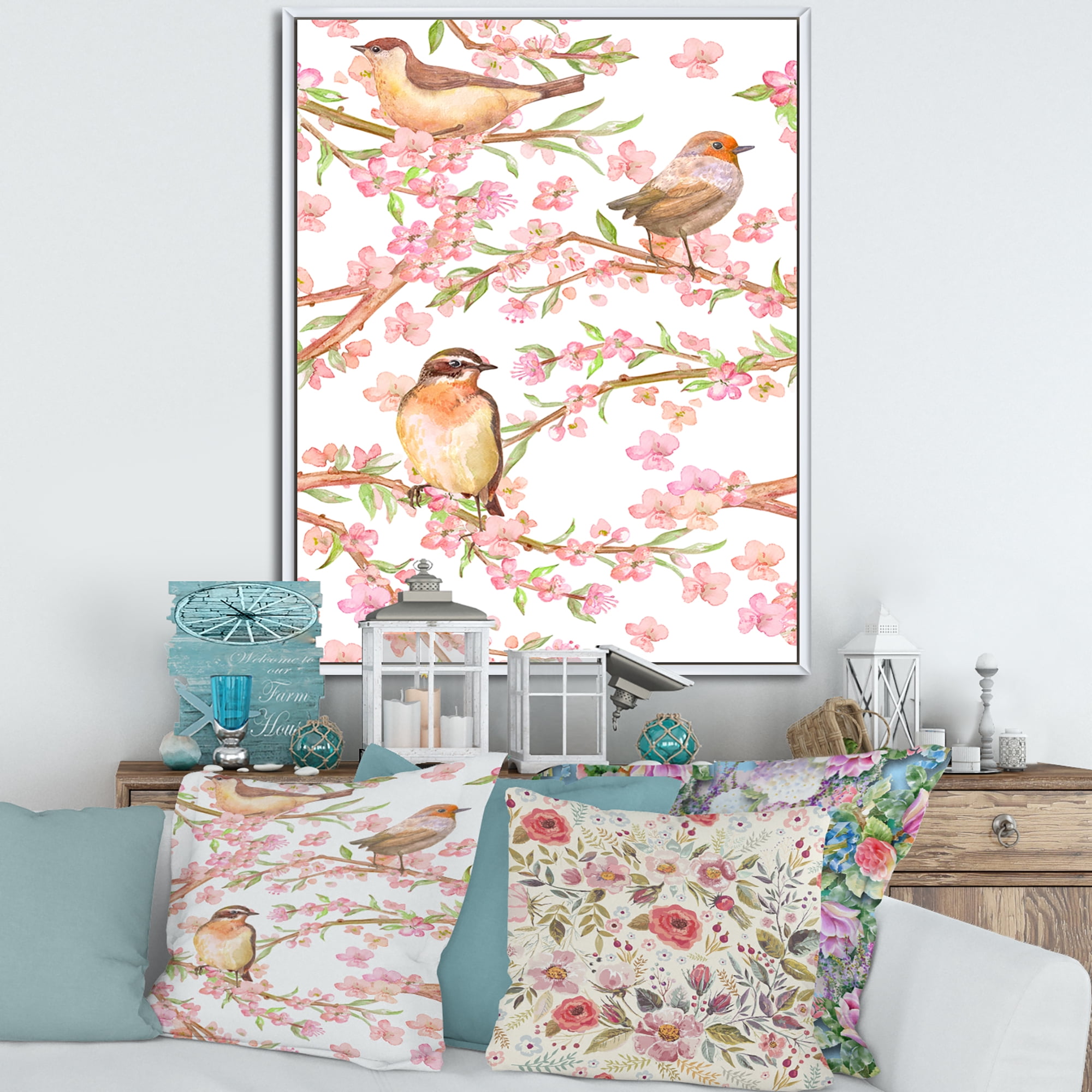 Designart 'Lovely Birds On Branches Of Flowering Almond' Traditional Framed Canvas Wall Art Print