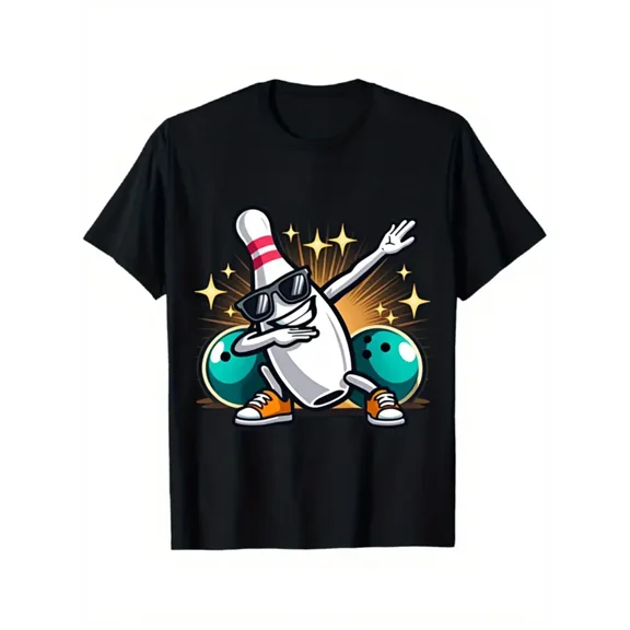 Men's Funny Dabbing Bowling Graphic T-Shirt Short Sleeve Crew Neck, Strike & Spare Theme