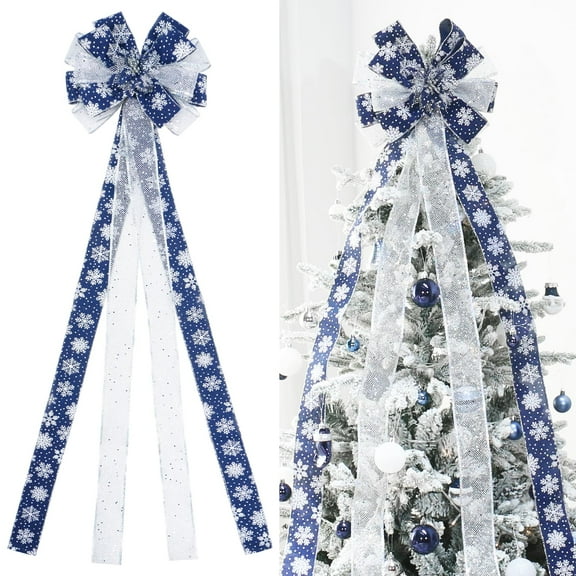 YINGQIWISH Christmas Tree Topper Large Bow Deep Blue White Indoor Outdoor