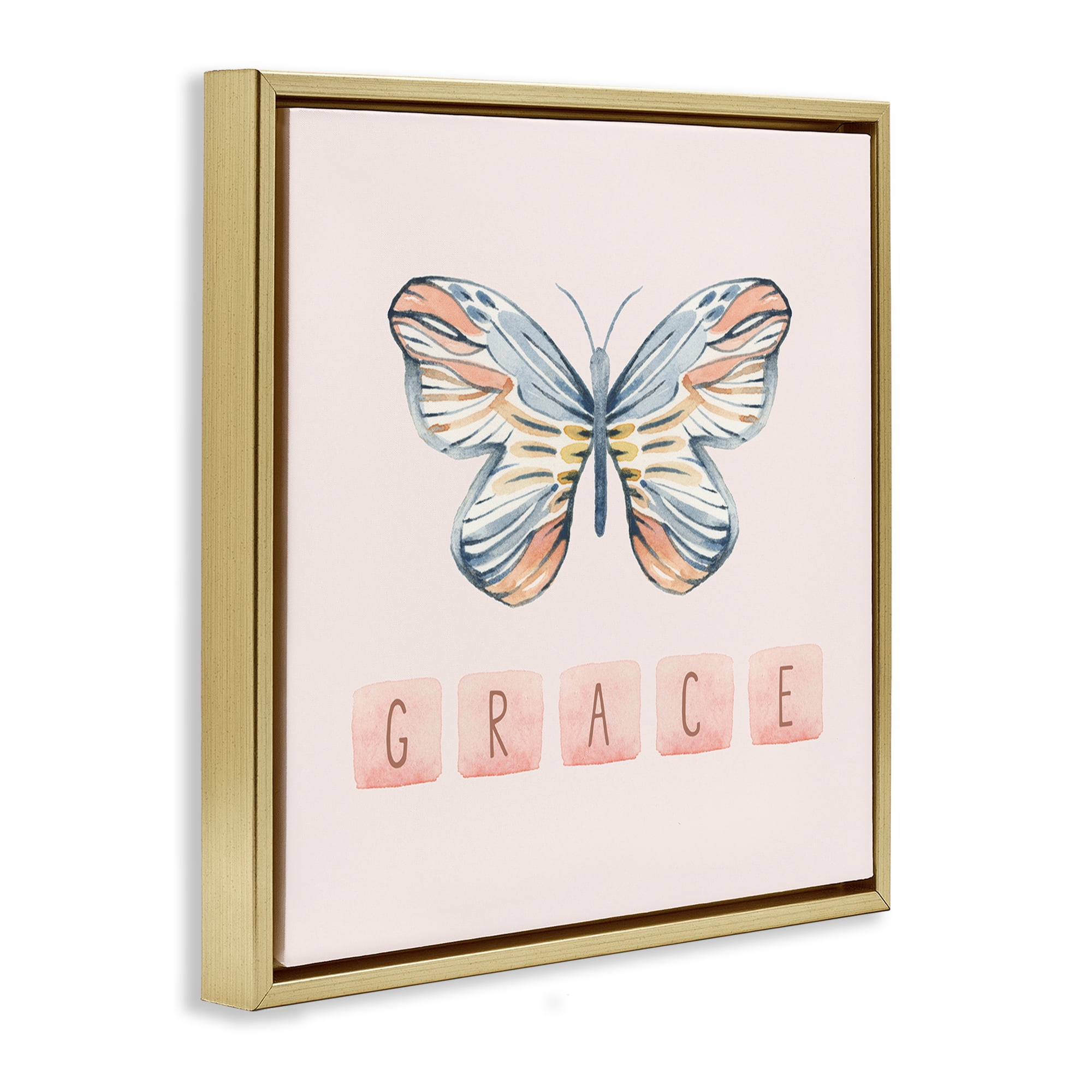 Stupell Industries Grace with Butterfly Religious & Spiritual Painting Gold Floater Framed Canvas Art Print Wall Art, 25 x 25