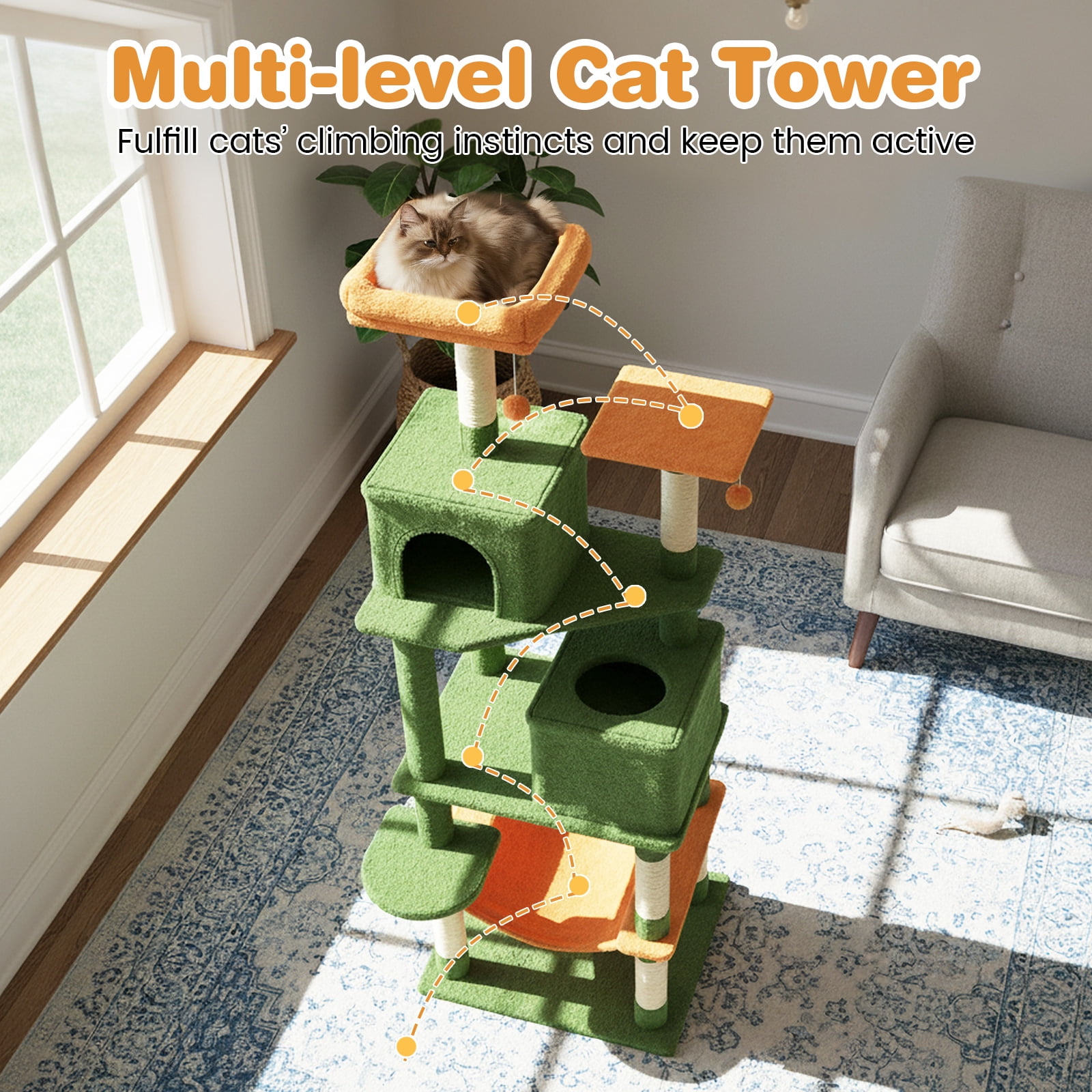 Costway 70” Cat Tree for Indoor Cats with Padded Top Perch, Dual Condos, Hammock, Platforms Green