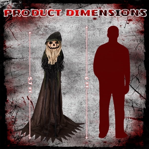 5.7FT Animatronics Wizard with Pumpkin Face Sound-Activated Moving Head Red Eyes for Halloween Haunted House