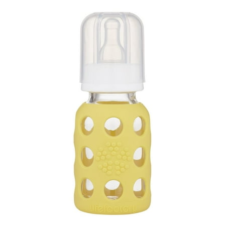 UPC: 0814943021943 | Lifefactory 4 oz Glass Baby Bottle with Protective Silicone Sleeve – Banana