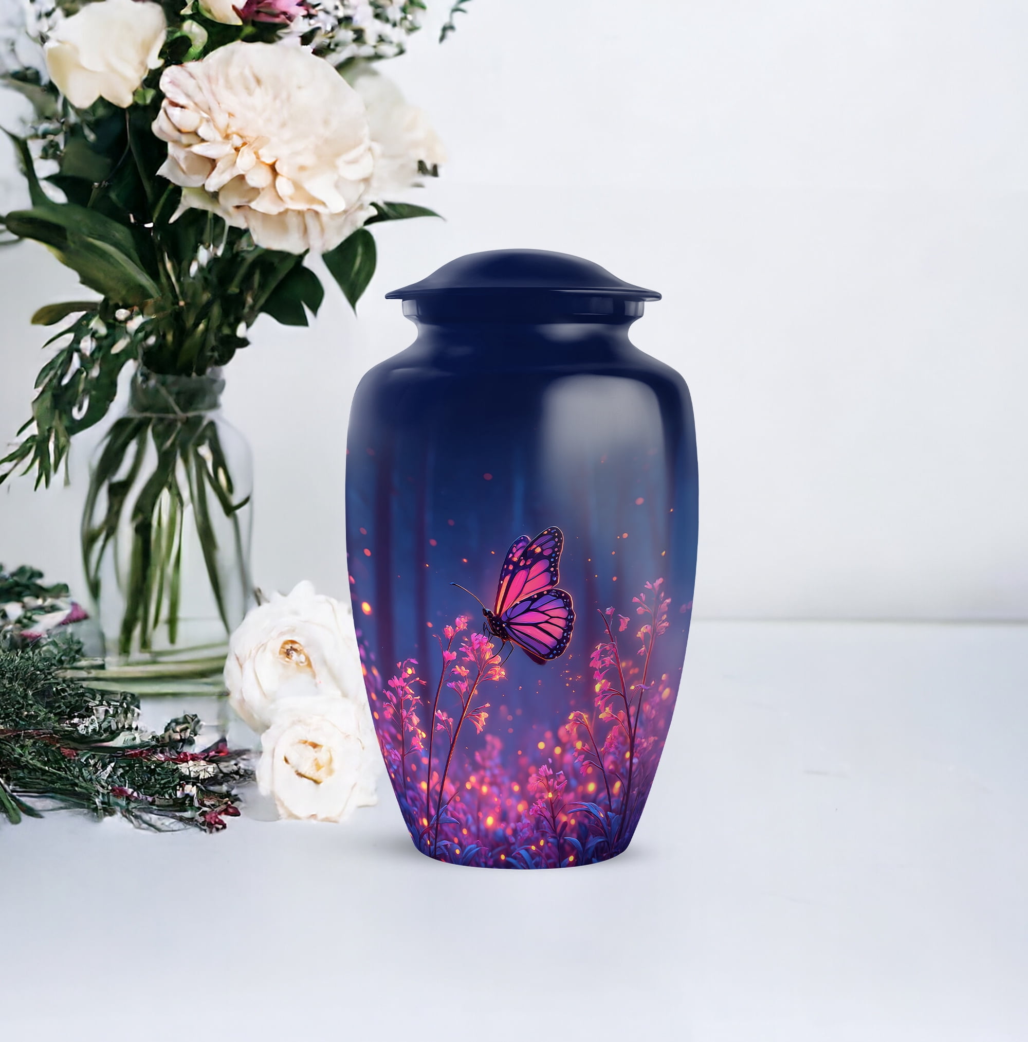 Butterfly Keepsake Urns For Ashes Adult Man Set Of 4 - Pink Flowers Cremation Urns For Human Ashes Adult Female - 1 Large Urn For Brother And Sister - Blue Mini Urn For Mother (10&3) Inch
