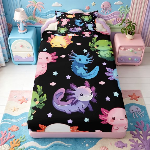 Manfei Cartoon Animal Fitted Sheet Full,Aquatic Amphibian Axolotl Print Bed Set,3pcs,1 Fitted Sheet and 2 Pillowcases