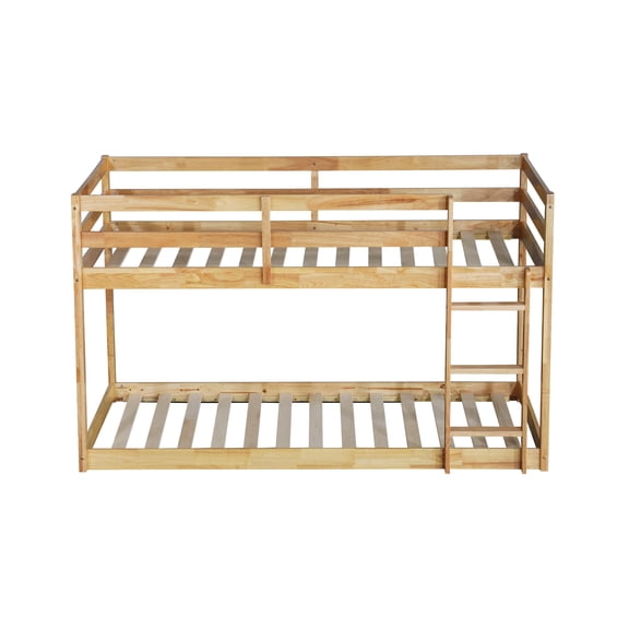 Solid Wooden , Solid Rubber Wooden Twin over Twin Floor Bunk Bed with Ladder ,Upper and Bottom Bed Platforms crafted with Strengthened Slats ,Natural