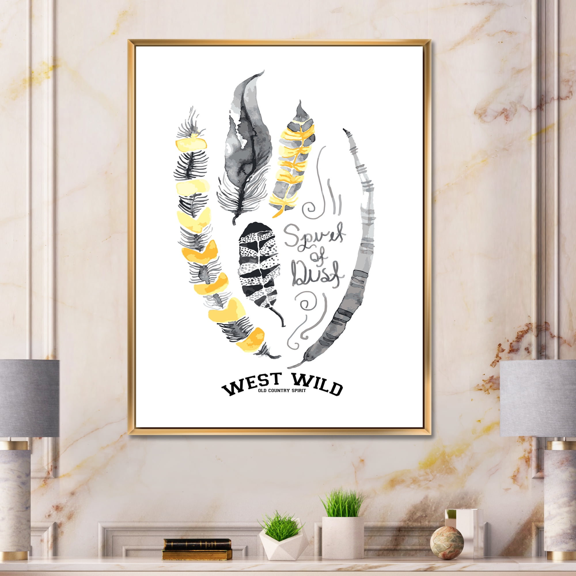 Designart 'Yellow Ethnic Plume Feathers On White' Bohemian & Eclectic Framed Canvas Wall Art Print