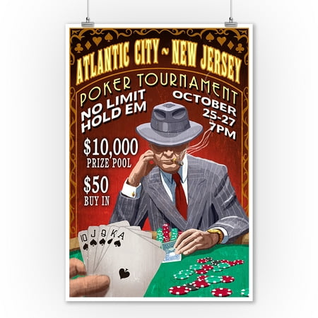 Atlantic City, New Jersey - Poker Tournament Vintage Sign - Lantern Press Poster (9x12 Art Print, Wall Decor Travel