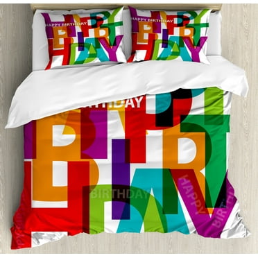 Birthday Duvet Cover Set Queen Size, Vibrant Colorful Letters Scattered Broken Text Puzzle Like Display Graphic Print, Decorative 3 Piece Bedding Set with 2 Pillow Shams, Multicolor, by Ambesonne