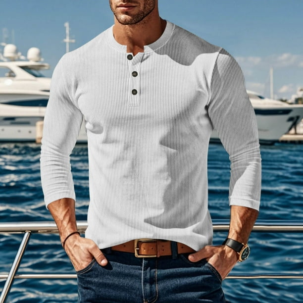 pstuiky camisas de manga larga para hombre, Camiseta de pana con botones, cuello redondo y manga larga de color liso para hombre camisetas de hombre l