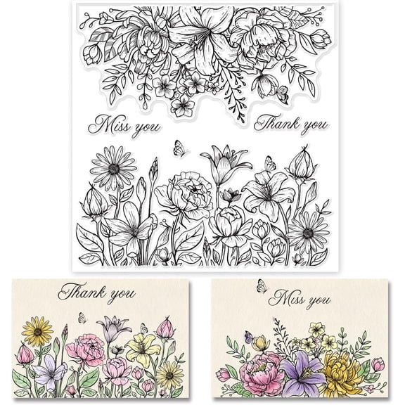 Flower Background Clear Stamps Leaves Rubber Stamps Wishing Words Silicone Stamps Silicone Transparent Seal Stamps for Card Making Scrapbooking DIY Crafting Decoration Mixed Color
