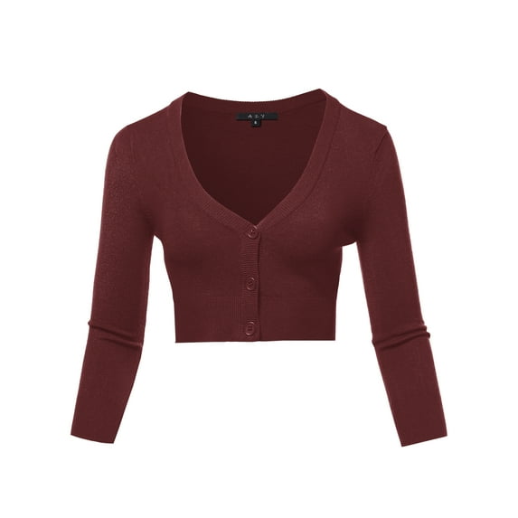 A2Y Women's Solid Cropped Bolero 3/4 Sleeve Button Down V-Neck Cardigan Sweater Burgundy 2XL