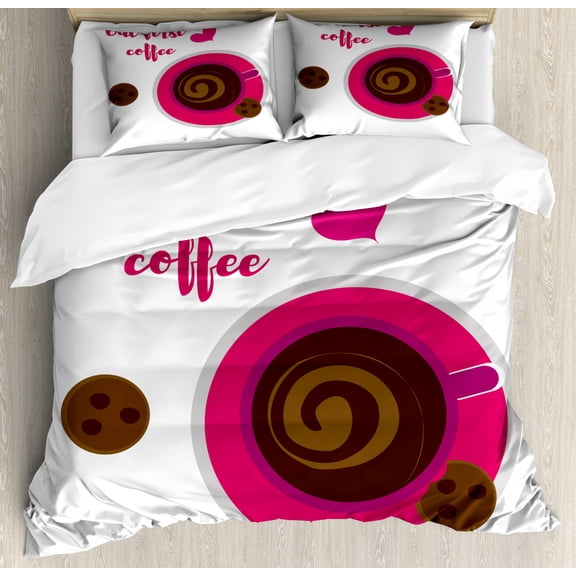 But First Coffee Duvet Cover Set King Size, Cursive Text Written by Hand Top View Cookies and Hot Beverage, Decorative 3 Piece Bedding Set with 2 Pillow Shams, White Pink Brown Grey, by Ambesonne