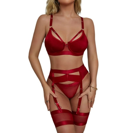 

Avamo Women Sleepwear 3 Pieces Underwear Babydoll Lingerie Set Solid Color Bodysuit Backless Gift Strappy Bra And Panty Sets Wine Red M