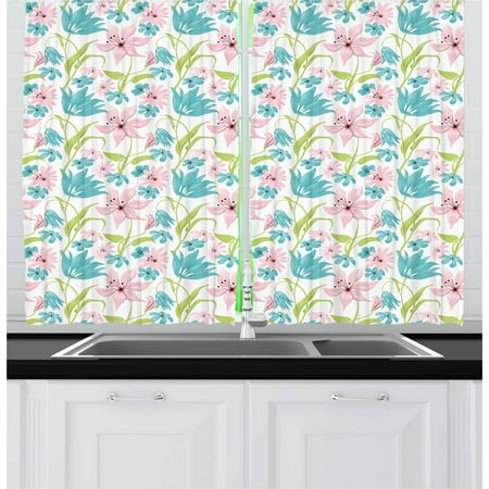 Light Turquoise Curtains Floral Curtains 2 Panels Set, Botanical Artistic Soft Nature Daisies Lilies Blue Pink Blossoms, Window Drapes for Living Room Bedroom, 55W X 39L Inches, Turquoise Pale Green Pale Pink, by Ambesonne ()