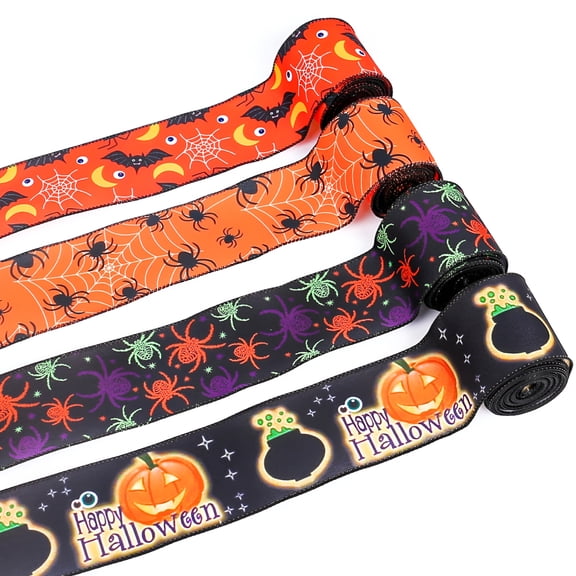 AUQ Halloween Wired Edge Ribbon Bat Spider Pumpkin Ribbon Halloween Wrapping Ribbon for DIY Craft Floral Bow Halloween Ribbon Wired