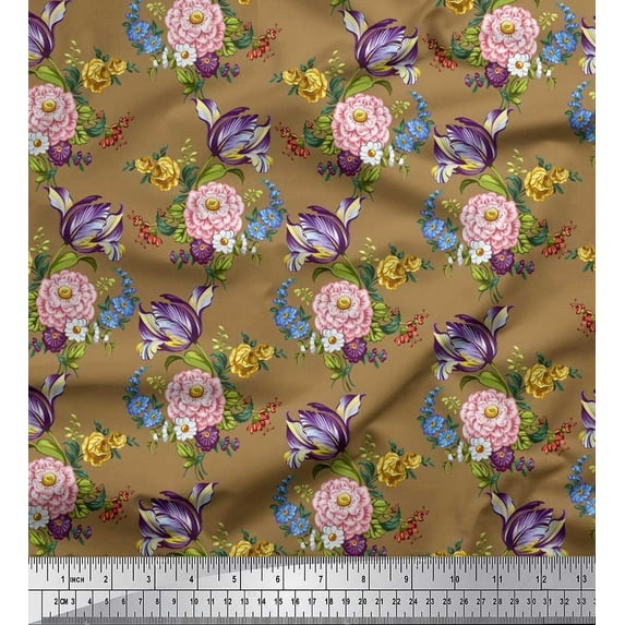 Soimoi Polyester Crepe Fabric Leaves,Rose & Camellia Floral Print Fabric by Yard 42 Inch Wide
