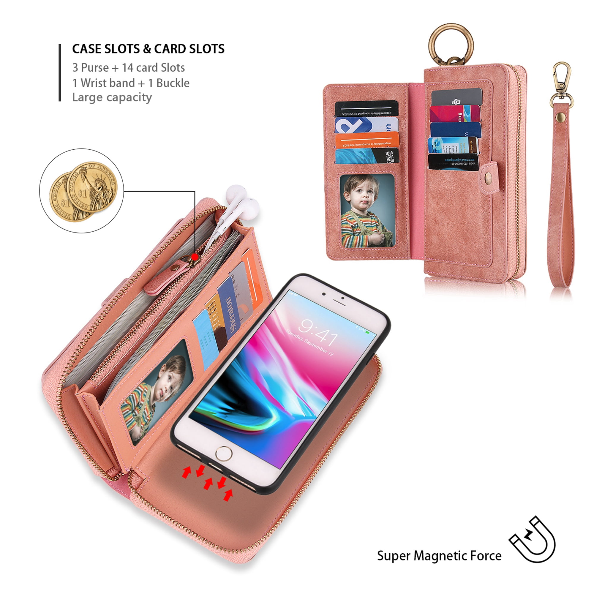 iPhone 8 Plus Wallet Detachable Case, iPhone 7 Plus Case, Dteck [wrist band & metal buckle] [14 Card Slots] Zipper Purse Phone Case Folio Flip PU Leather Removable Magnetic Back Cover, Pink