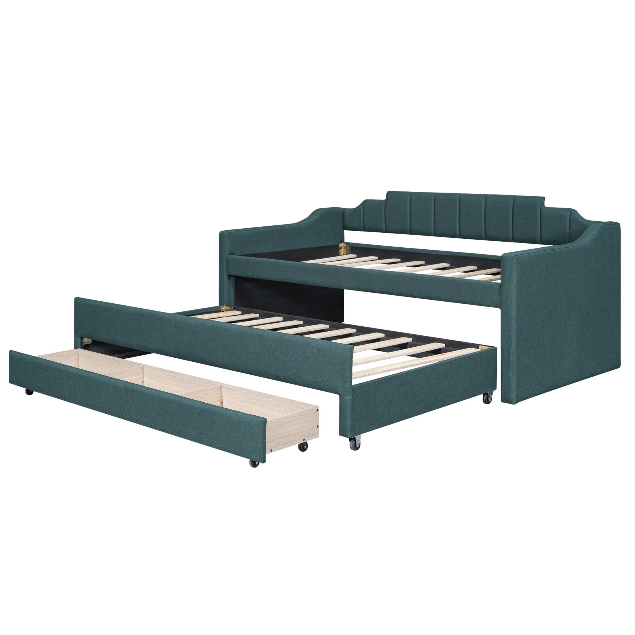 Noble House Norwick Twin Linen-Blend Upholstered Daybed with Trundle and Storage Drawers, Green