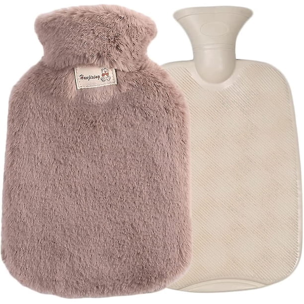 Bolsa de agua caliente con cubierta suave - Bolsa de agua caliente de goma clásica de 2 l y funda de piel sintética de felpa mullida y acogedora